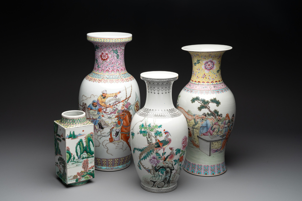 Three Chinese famille rose vases and a famille verte 'cong' vase, Qianlong mark, 20th C.