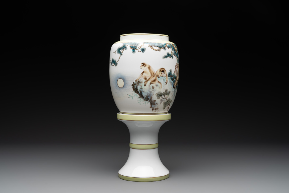 A Chinese polychrome-decorated eggshell 'monkeys' lantern on stand, 20th C.