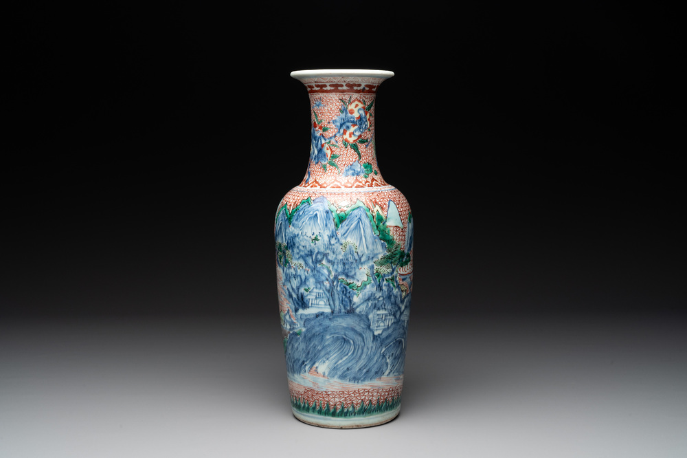 A Chinese wucai 'mountainous landscape' vase, Transitional period
