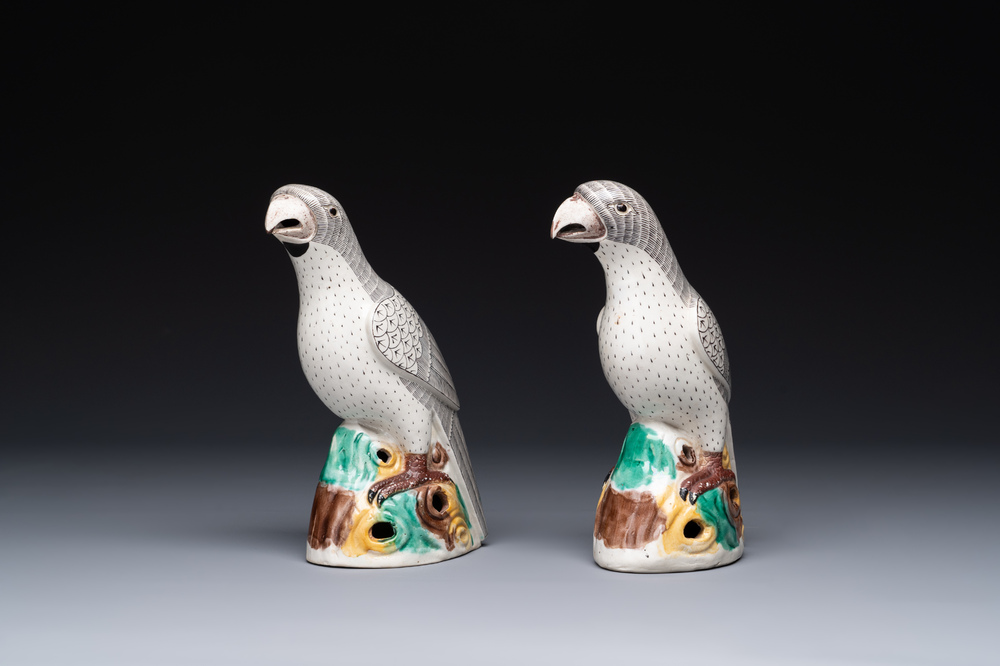 A pair of Chinese sancai-glazed parrots, Kangxi