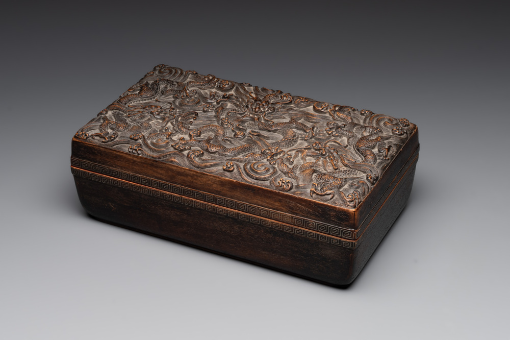 A Chinese rectangular silver-inlaid zitan 'dragon' box and cover, 17/18th C.