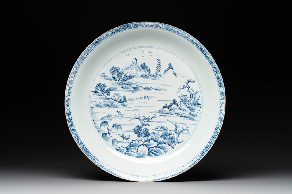 A Chinese blue and white 'fine landscape' dish, Yongzheng