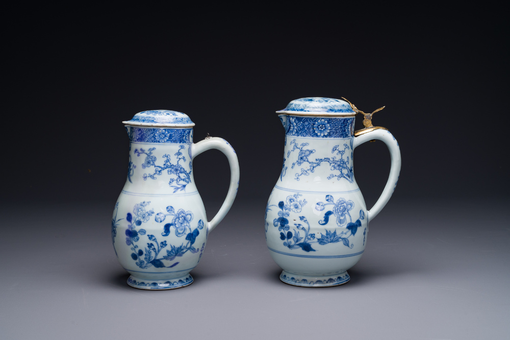 Two Chinese blue and white jugs and cover with floral design, Yongzheng/Qianlong