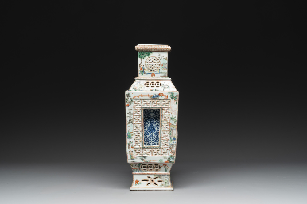 An extremely rare Chinese blue, white and famille verte openworked double-walled vase with figural design, 19th C.
