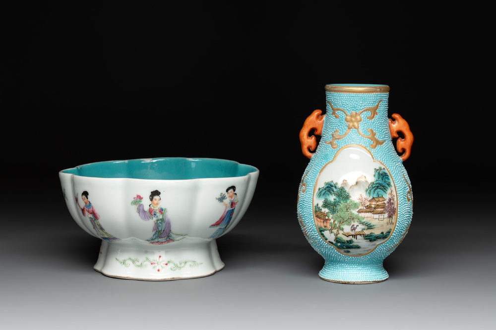 A Chinese famille rose turquoise-ground 'hu' vase and a 'ladies' bowl, Qianlong mark, Republic