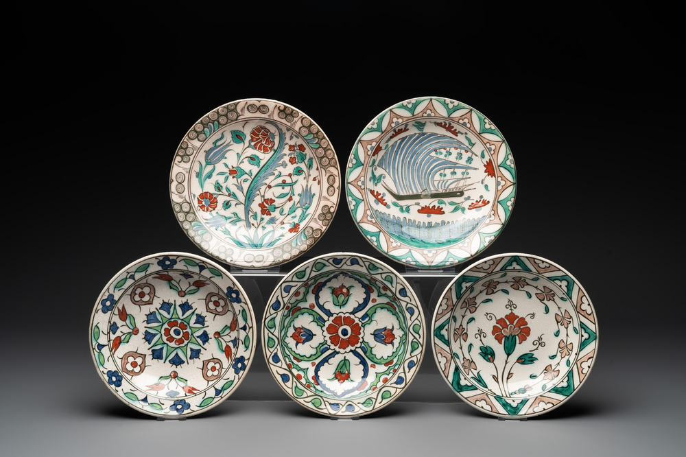 Five European Iznik-style pottery plates, 19th C.