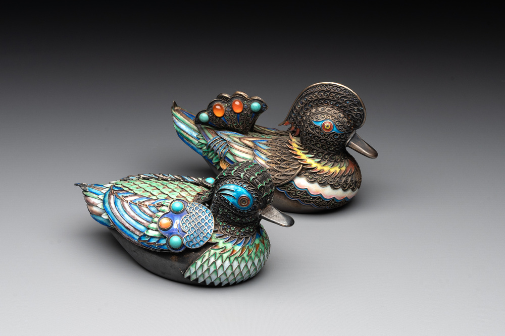 Two Chinese precious stone inset, enamelled and filigree silver mandarin duck-form boxes and covers, 19/20th C.