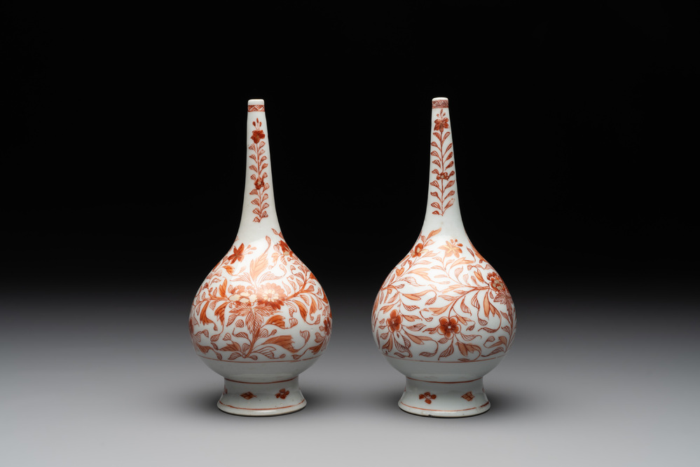 A pair of Chinese iron-red and gilt-decorated rose water sprinklers, Kangxi