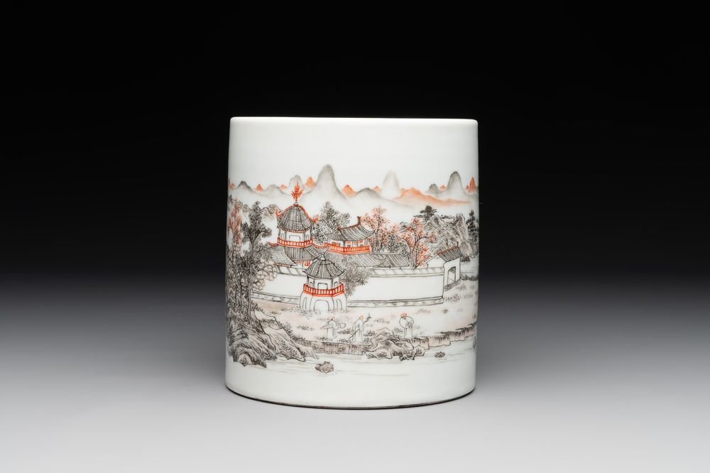 A Chinese grisaille and iron-red 'landscape' brush pot, Ju Ren Tang mark, Republic