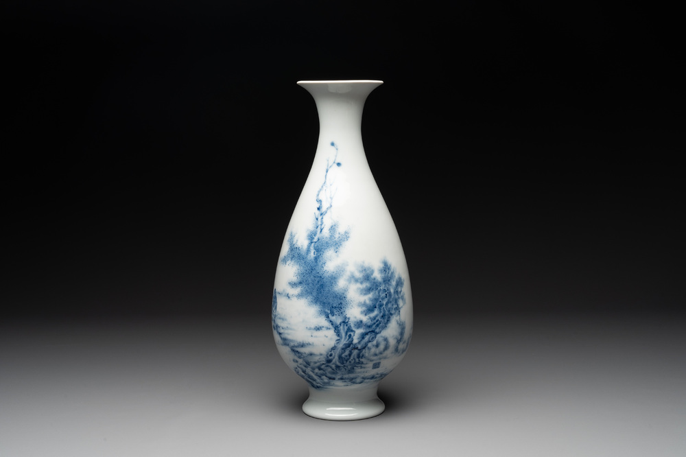 A Chinese blue and white 'fisherman' vase, Wang Bu 王步 mark, Republic