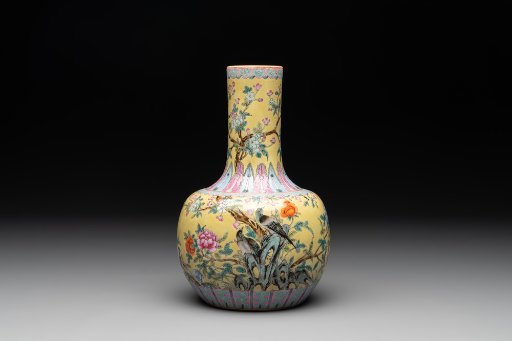 A Chinese famille rose yellow-ground bottle vase, Bao Shan Zhai 寶善斎 mark, 19th C.