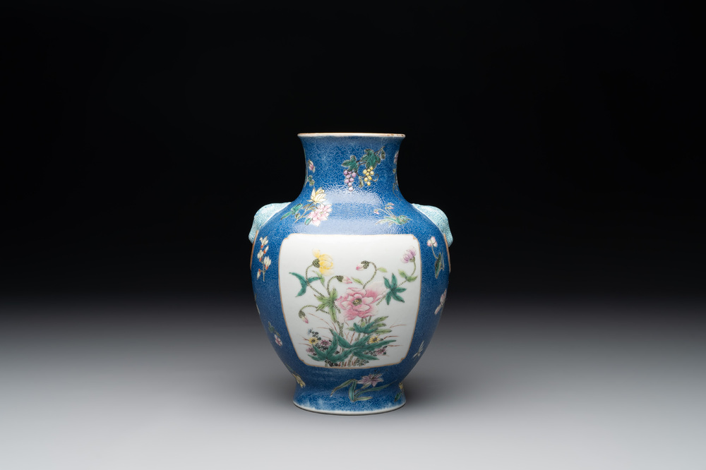 A Chinese famille rose blue-sgraffito-ground 'hu' vase, Qianlong mark, Republic