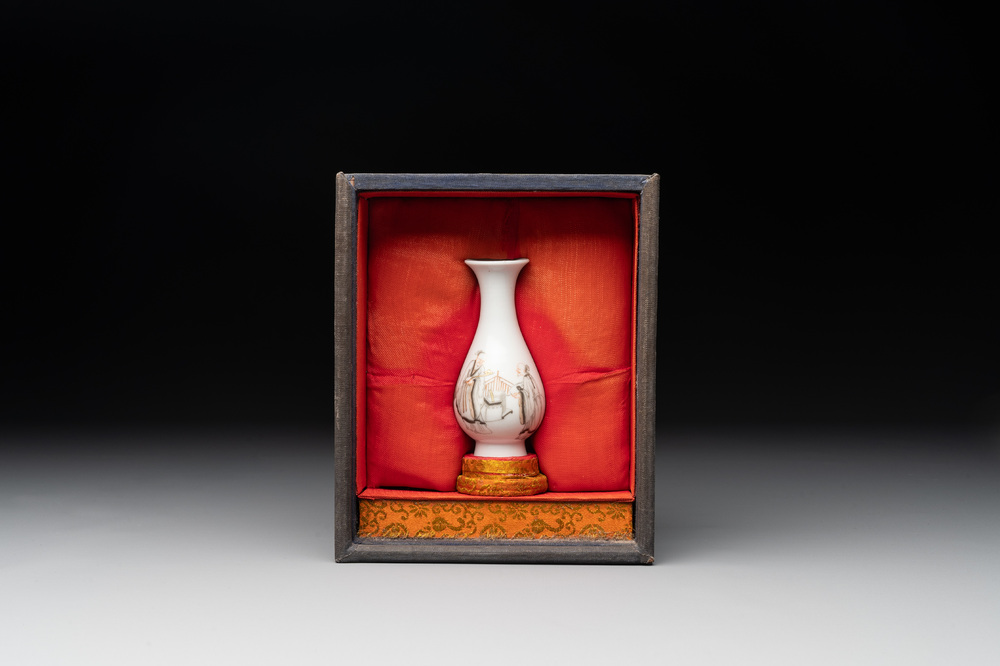 A Chinese grisaille 'Taoist' vase and a fitted box, Yongzheng mark and of the period