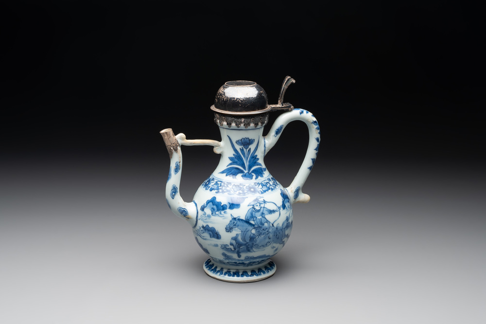 A Chinese silver-mounted blue and white 'Mongolian hunt' ewer, Transitional period