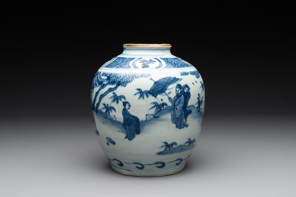 A Chinese blue and white globular vase with figures in a landscape, hare mark, Wanli