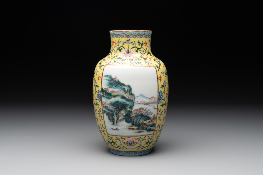 A Chinese famille rose yellow-ground lantern-shaped 'landscape' vase, Qianlong mark, Republic
