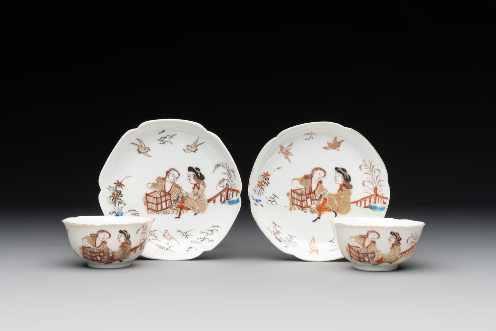 A pair of fine Chinese export 'Liberty and Matrimony' cups and saucers, Yongzheng