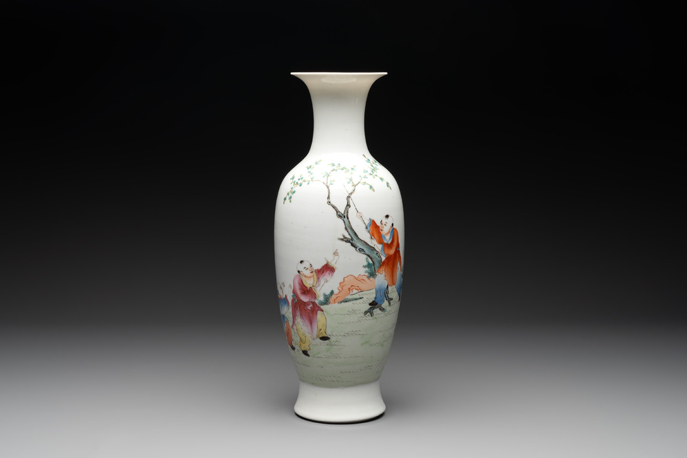 A Chinese famille rose 'playing boys' baluster vase, Hongxian mark, Republic