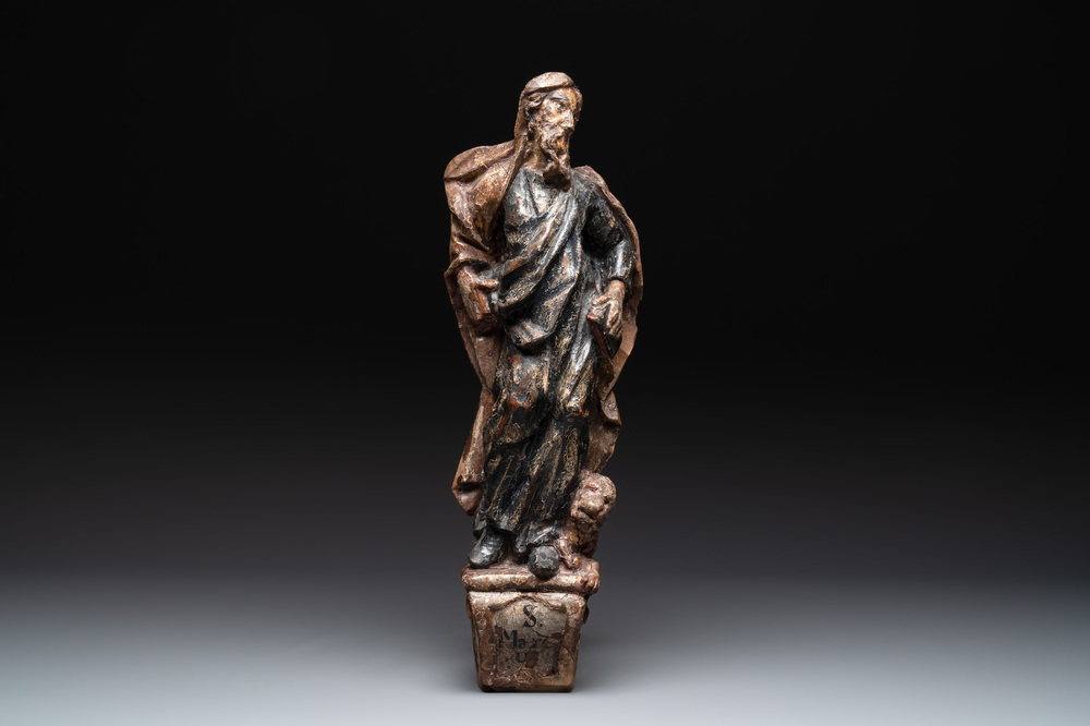 A polychromed wooden sculpture of Saint Mark with lion, Germany, 17th C.
