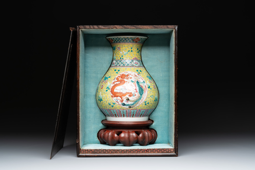 A Chinese famille rose yellow-ground 'dragon and phoenix' vase and a fitted box, Qianlong mark, Republic