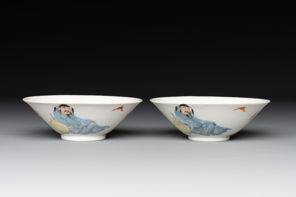 A pair of Chinese famille rose 'Li Taibai' bowls, Guangxu mark, Republic