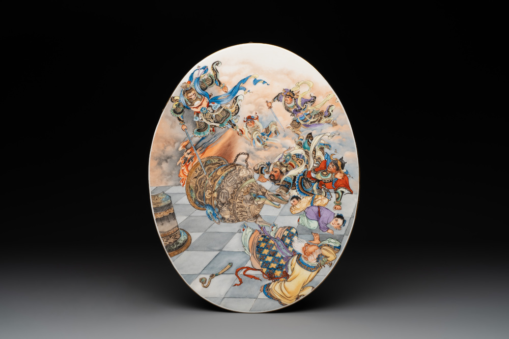 An oval Chinese polychrome-decorated 'Monkey King 孫悟空' plaque, 20th C.