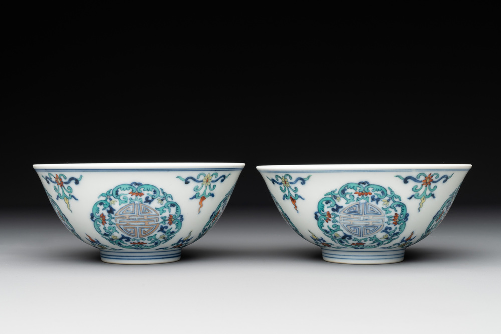 A pair of Chinese doucai 'shou' bowls, Yongzheng mark, 20th C.