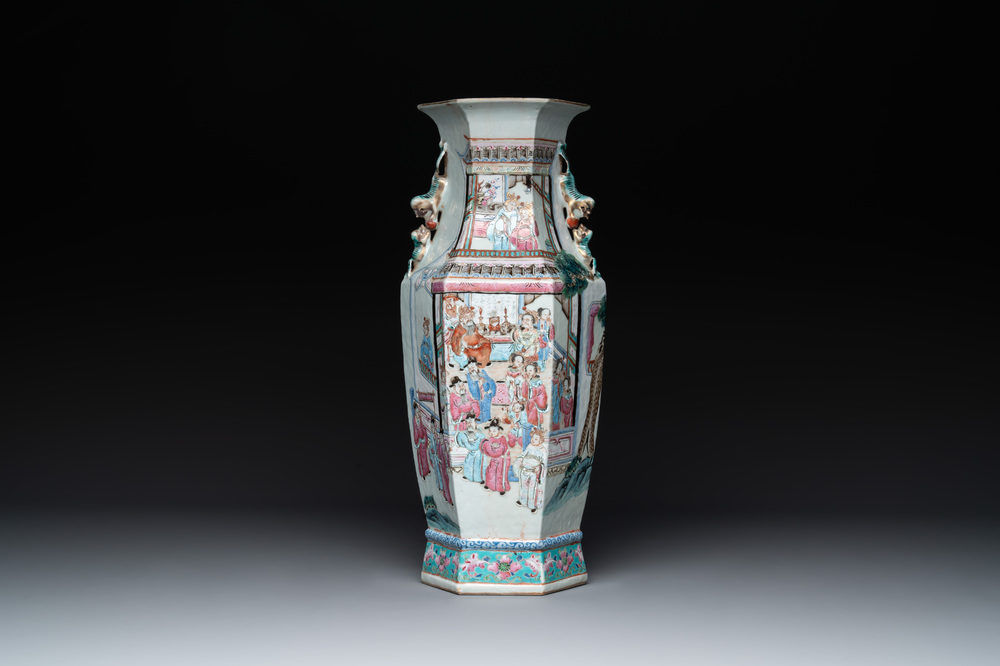 A Chinese Canton famille rose hexagonal vase with narrative design, 19th C.
