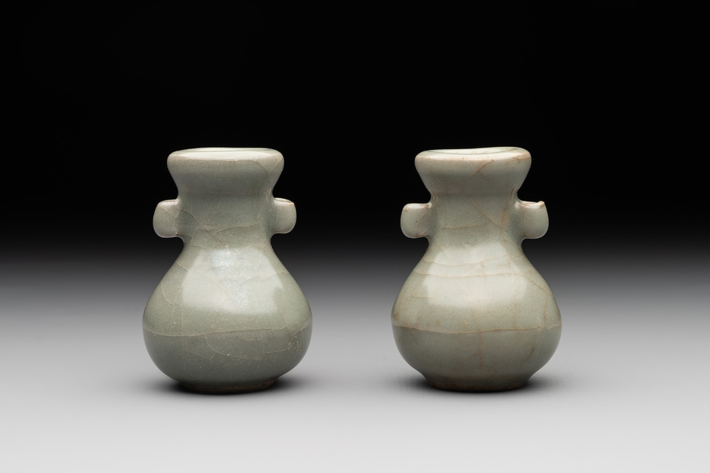 A pair of Chinese Longquan celadon miniature 'touhu' vases, Song/Yuan