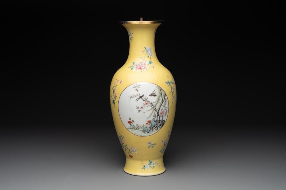 A Chinese famille rose yellow-ground baluster vase, Ju Ren Tang 居仁堂製 mark, Republic