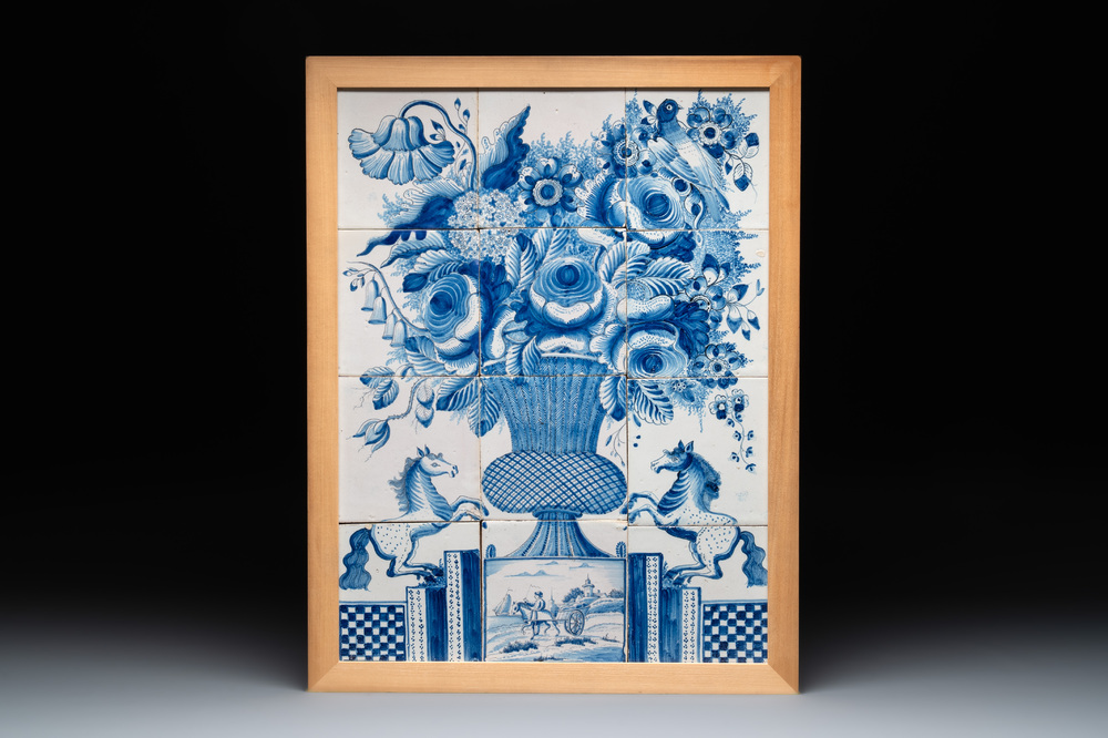 A blue and white tile mural with a flower vase flanked by dapple-grey horses, Makkum, Friesland, 18/19th C.