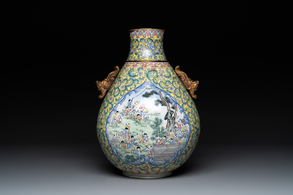 A Chinese Canton enamel '100 boys' 'hu' vase, 20th C.