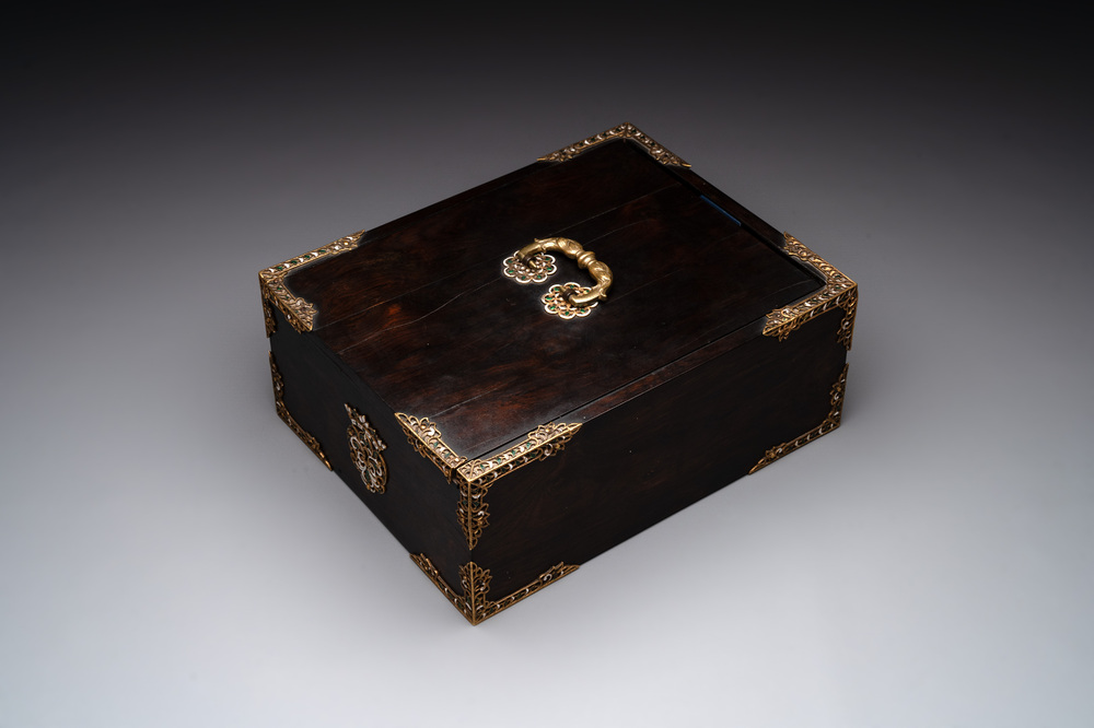 A colonial hardwood writing box with enamelled gold mounts, 18th C.
