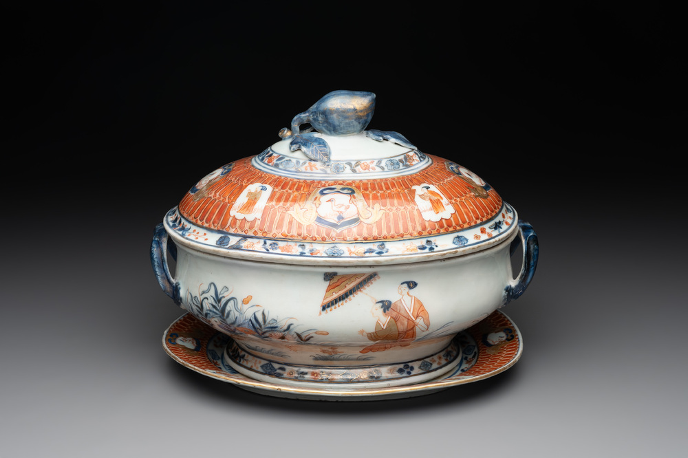 A Chinese Imari-style 'Parasol Ladies' tureen and stand after Cornelis Pronk, Qianlong, ca. 1740