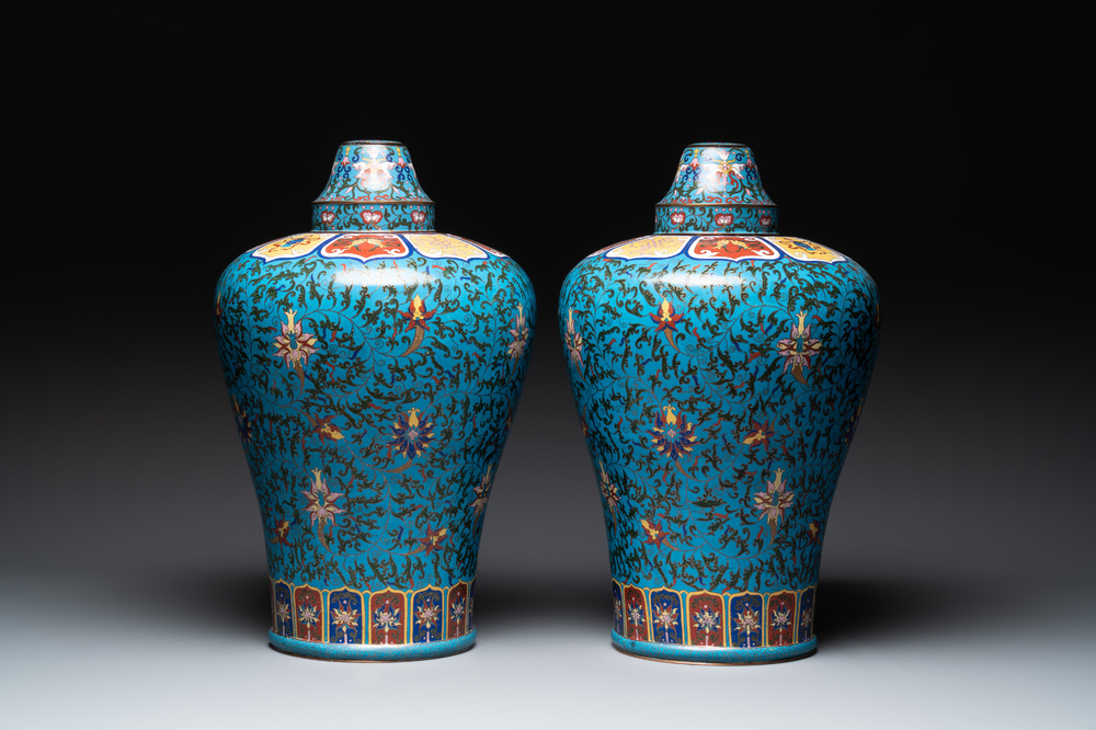 A pair of large Chinese cloisonn&eacute; 'lotus scroll' 'meiping' vases and cover, Republic