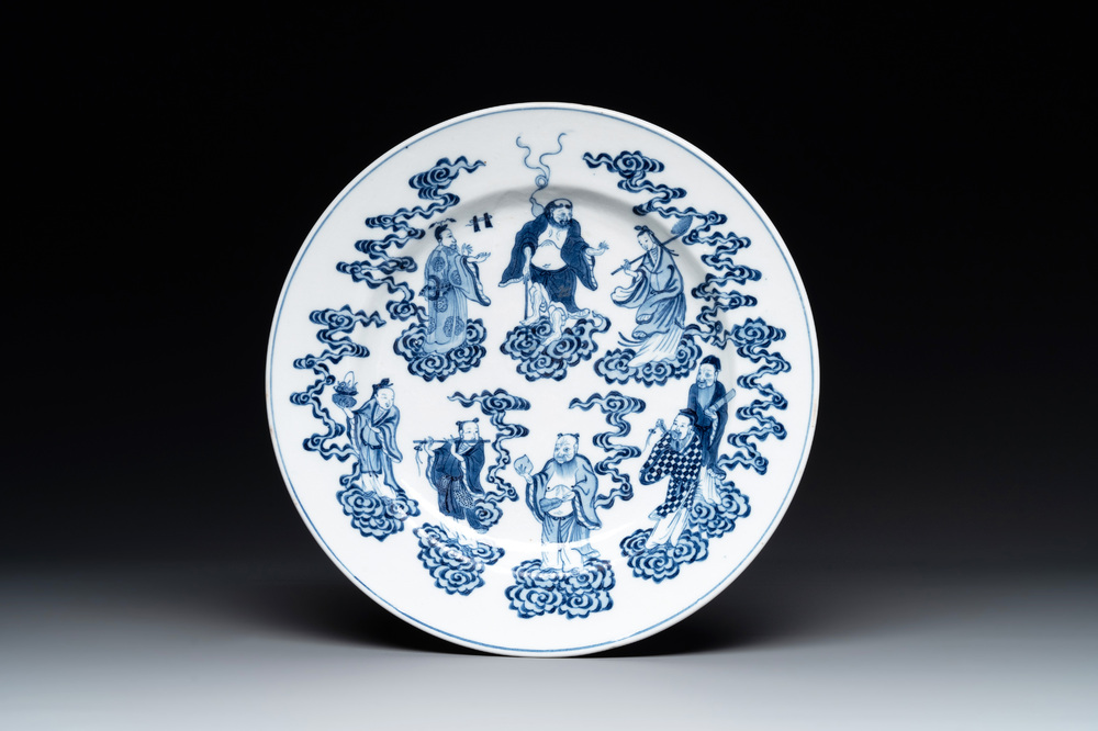 A Chinese blue and white 'Eight Immortals' dish, Xuande mark, 19th C.