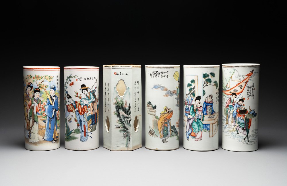 A collection of six Chinese famille rose hat stands, 19/20th C.