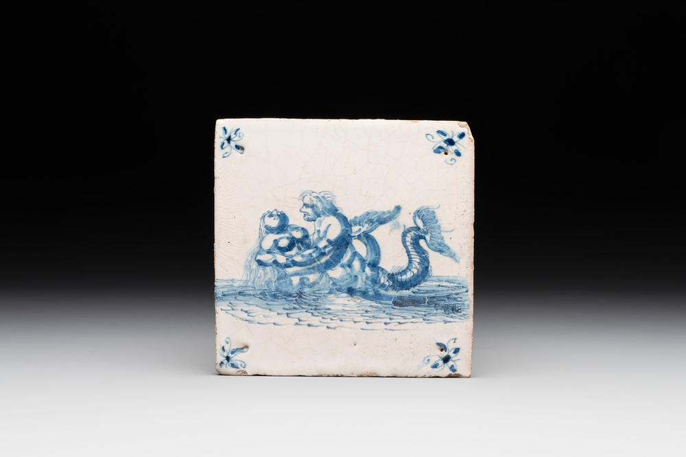 A blue and white Dutch Delft 'embracing sea creatures' tile, 17th C.