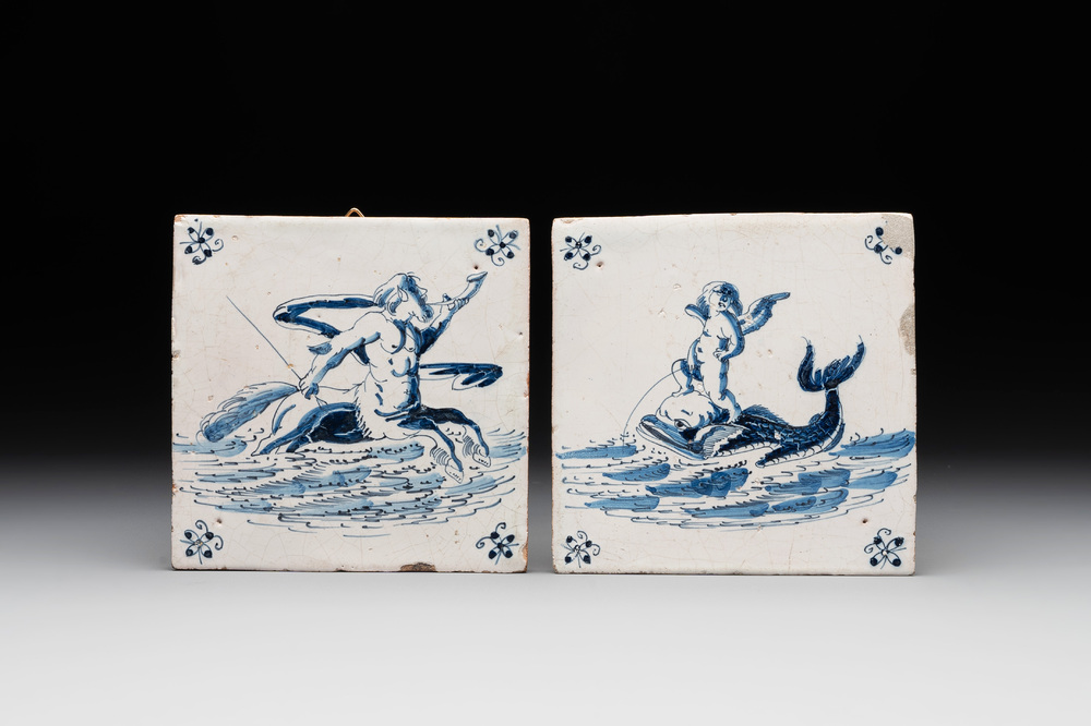 Two blue and white Dutch Delft 'sea monster' tiles, Harlingen, 17th C.