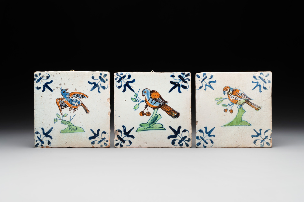 Three polychrome Dutch Delft 'bird' tiles, 17th C.