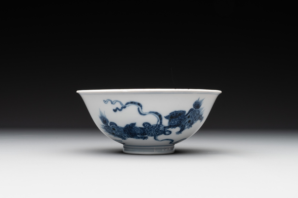 A Chinese blue and white 'Buddhist lion' bowl, Yongzheng mark and period