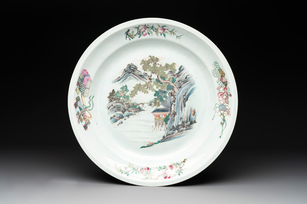 A Chinese famille rose 'mountainous river landscape' dish, 19th C.