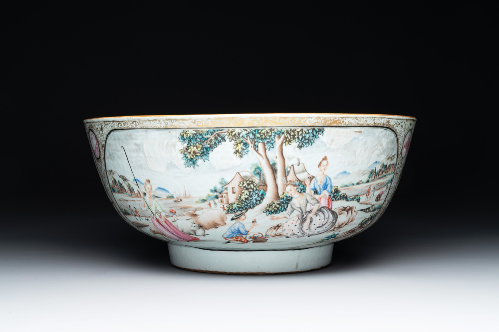 A large Chinese famille rose export porcelain 'European subject' bowl, Qianlong