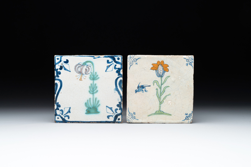 Two polychrome Dutch Delft 'flower' tiles, 17th C.