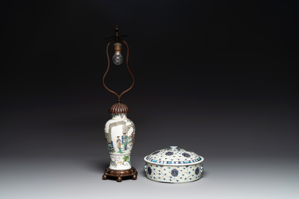 A Chinese famille verte vase mounted as lamp and a famille rose covered tureen, 19th C.