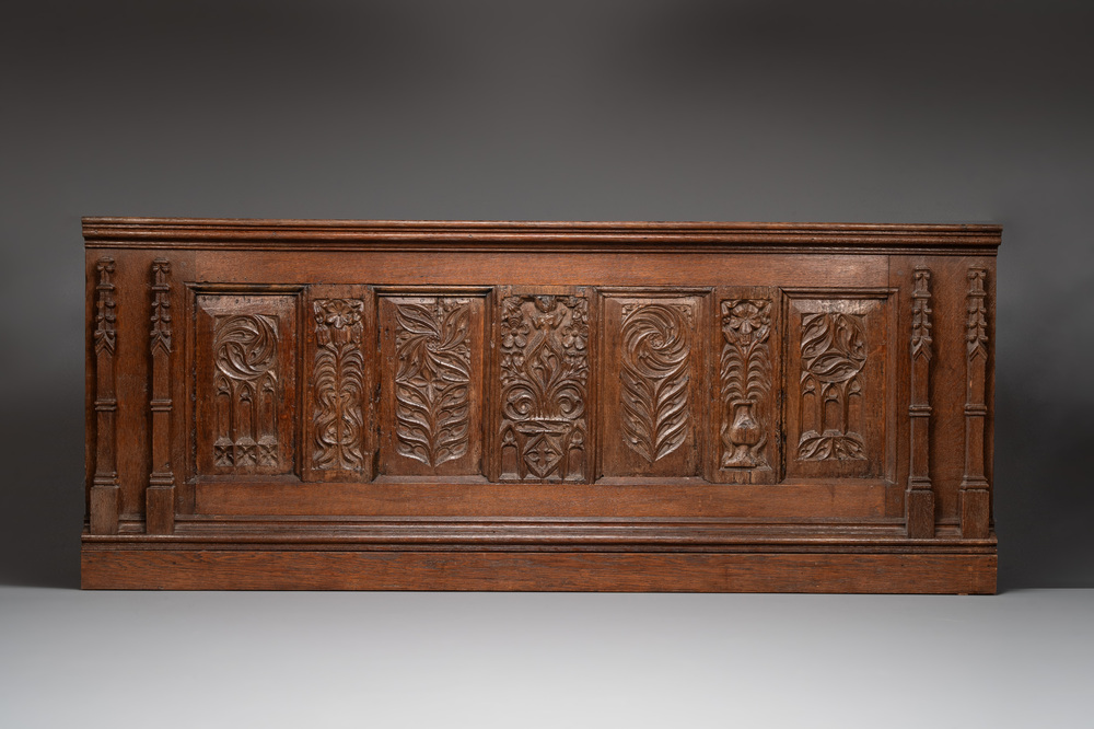 A large neo-Gothic oak chest frame with Gothic floral and figural panels, Flanders, late 15th. C. and 19th C.