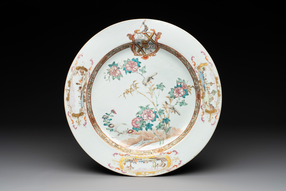 A large Chinese famille rose armorial plate with the arms of Thompson, Qianlong, ca. 1740-1760