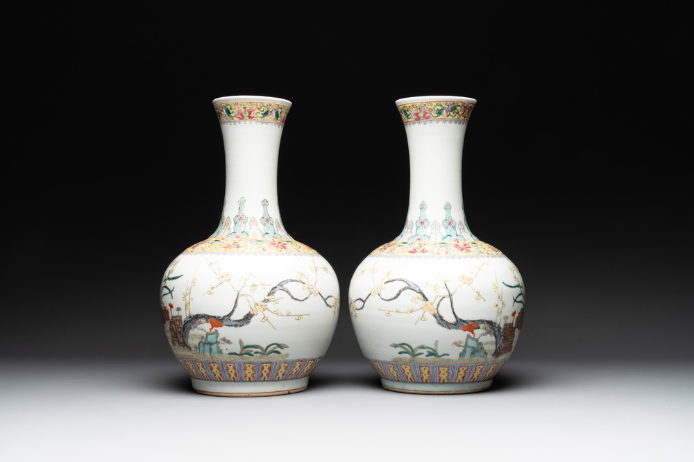 A pair of Chinese famille rose bottle vases with flowers, Qianlong mark, Republic