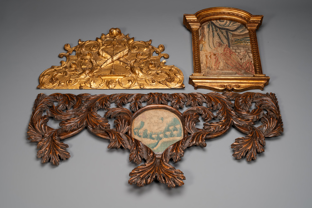Two ornately carved decorative panels and a niche with an embroidered scene, France, 16/18th C.
