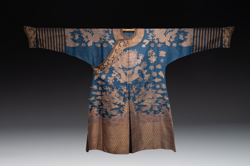 A Chinese embroidered silk blue-ground summer gauze 'nine dragons' robe, 19th C.